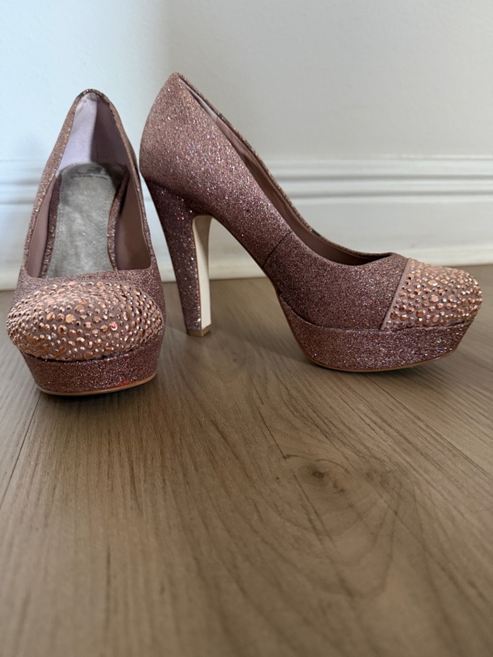 Gianni Bini Rose Gold Glitter Platform Pumps with Rhinestone Cap